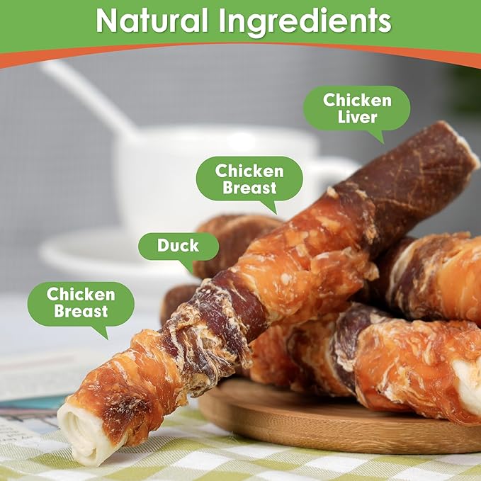MON2SUN Dog Treats, Triple Flavor 6 Inch Chicken Liver Duck and Chicken Wrapped Rawhide Sticks, Teeth Cleaning Snacks for Medium Dogs, 35.27 oz (20 Count-Pack of 1)