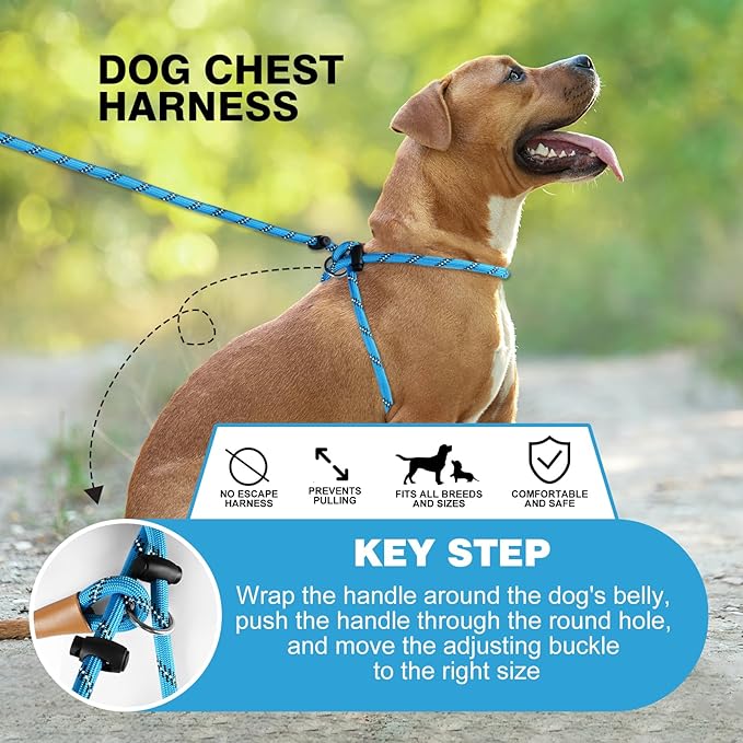 Lynxking No Pull Rope Dog Harness No Pull Reflective Leash Harness Collar 3 in 1 Dog Halter Harnesses Adjustable for Large Giant Dog (Light Blue, Large 1/2 inch)