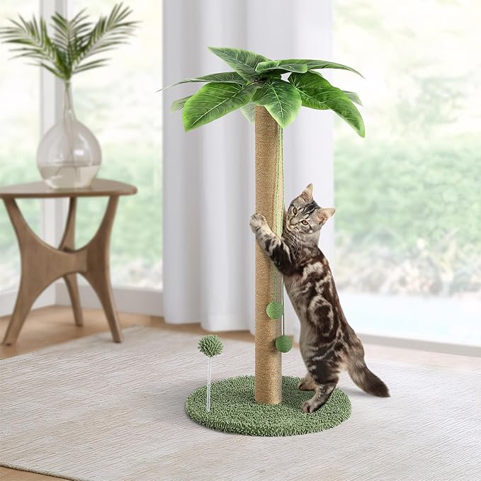 KIGOTY Cat Scratching Post Cat Scratcher, 33 inch Tall Scratching Post with Sisal Rope,Cute Cat Tree with Hanging Interactive Ball, Spring Ball Toys