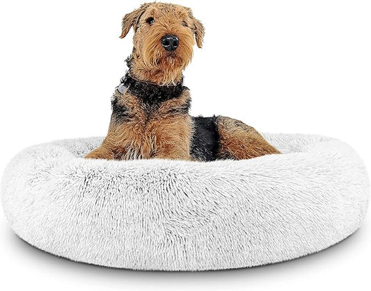 The Dog’s Bed Donut Large Dog Bed, Sound Sleep, Ice White Fur Calming Nest Bed
