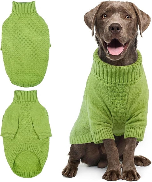 Kuoser Dog Sweater, Warm Winter Fall Turtleneck Knit for Large Dogs, Half Sleeves Dog Christmas Sweater for Girls Boys, Thick Thermal Pet Sweaters Cold Weather Pullover Clothes, Green XL