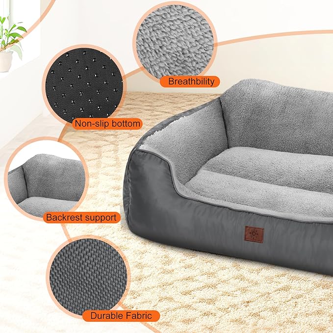 Dog Beds for Medium Dogs Washable, Rectangle Dog Beds Medium Size Dogs, Calming Puppy Pets with Non-Slip Bottom, 28”x20”x7”, Grey