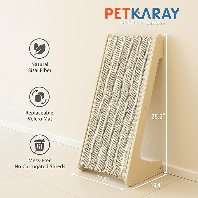 PETKARAY L Shape Cat Scratcher, Sisal Kitty Scratching Ramp, Vertical Scratch Pad for Indoor Cats, 25.4" Furniture Protector with Catnip, Chevron