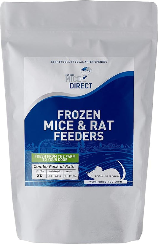 MiceDirect EST. 2003 20 Frozen Rat Combo Pack 10 Rat Pinkies and 10 Rat Fuzzies Feeders Snake Food for Baby Ball Pythons and Boas (.5-2.5 in)(120 Grams Min)