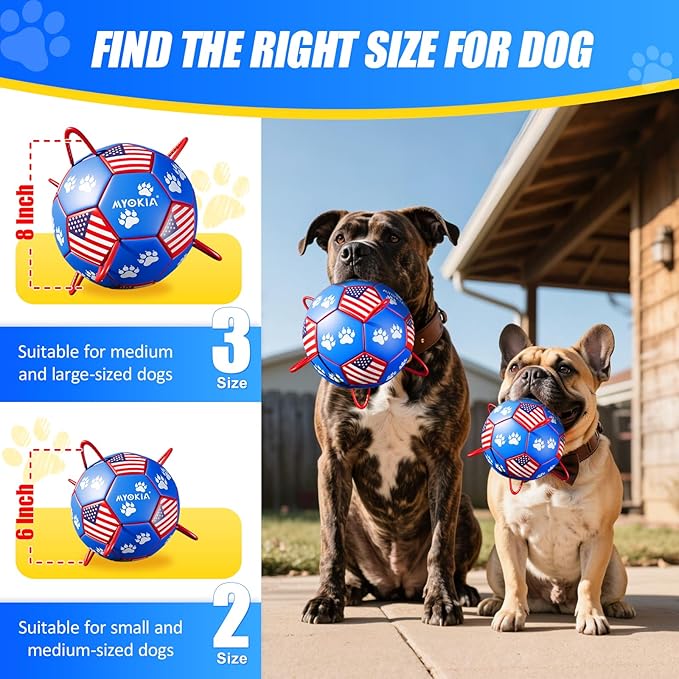 Size 2 Dog Soccer Ball with Straps Durable Training Ball for Pets Interactive Outdoor Dog Toy, Blue & Red, Paw Prints Flag Design, for Small to Medium Puppies, Pet Supplies