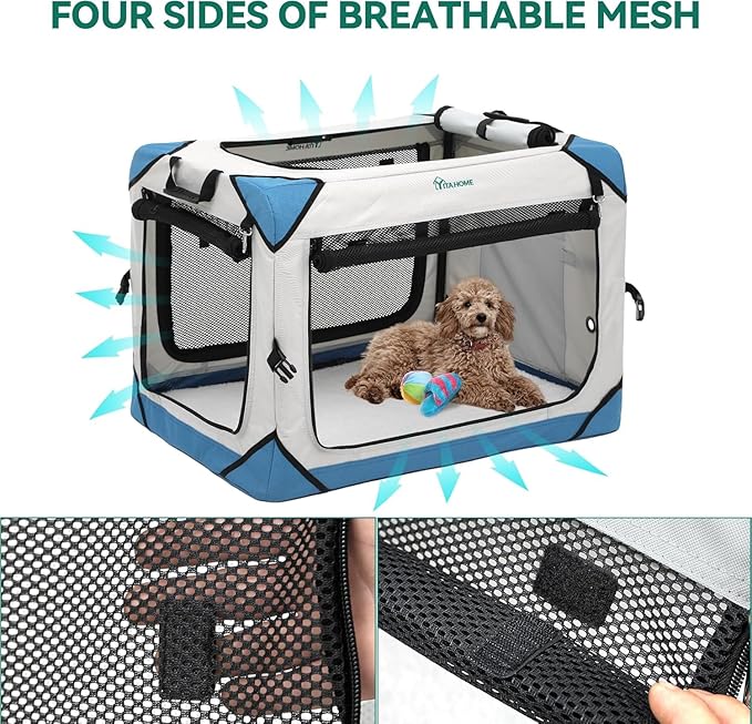 YITAHOME Collapsible Dog Crate, 4-Door Portable Travel Dog Crate, 4-Door Folding Soft Dog Kennel with Breathable Mesh Windows & Soft Mat，Indoor & Outdoor Use, 42" L x 31" W x 31" H, Flat Style