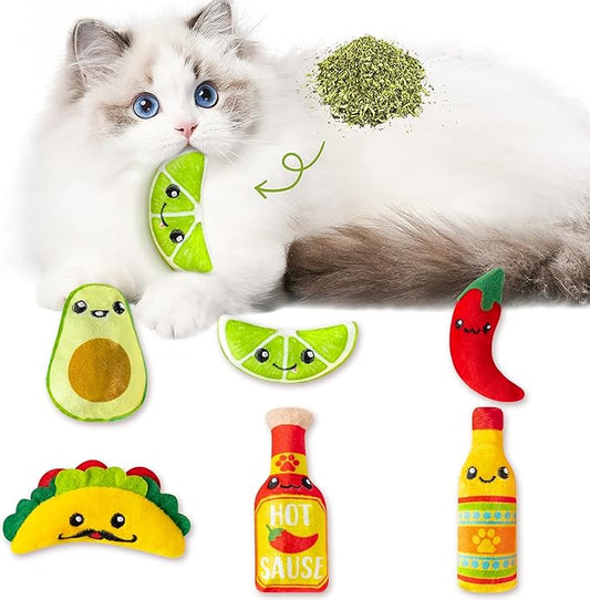 L1rabe Mexican Catnip Stuffed Toys - Christmas 6Pcs Funny Cat Toys for Cat Lovers Gifts, Carnival Sause Avocado Winter Indoor Kitten Chew Bite Kick Interactive Pet Supplies Kitten Xmas Birthday Gifts