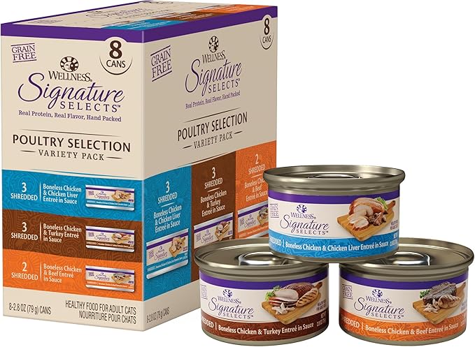Wellness CORE Signature Selects Shredded Adult Wet Cat Food, Natural, Protein-Rich, Grain Free, 2.8 Ounce, 8 Pack (Poultry Variety Pack)