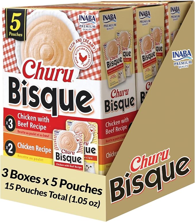 INABA Churu Bisque for Cats, Creamy Lickable Purée Side Dish with Vitamin E, 1 Ounce per Pouch, 15 Pouches, Chicken Variety Pack