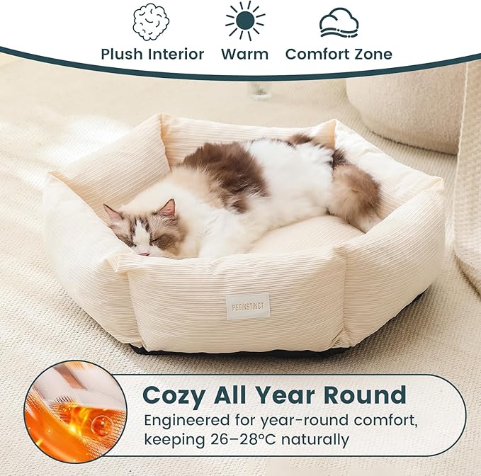 Large Cat Bed, Washable Orthopedic Cat Beds for Indoor Cats, Soft Donut Calming Dog Bed for Small Medium Dogs with Anti Slip Bottom, Cute Kitten Bed, 29.5x29.5x7.9 in, Cream White