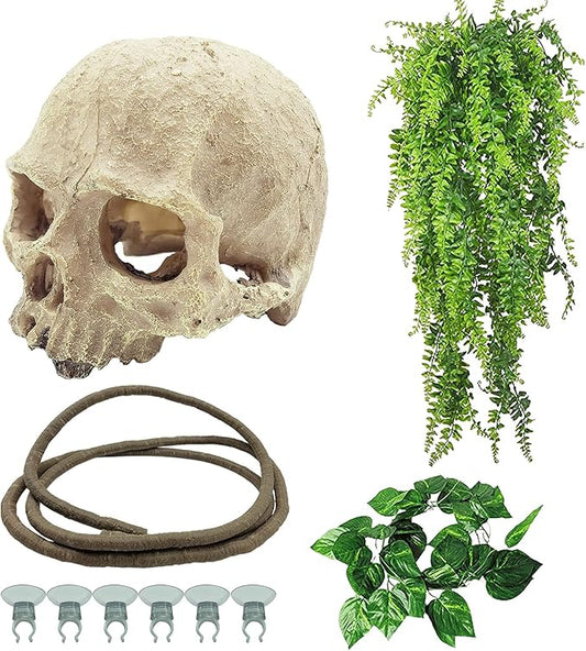 Tfwadmx Reptiles Skull Hide Decorations Bearded Dragon Tank Accessories Terrarium Ornament Gecko Hideouts Cave Snake Habitat Jungle Climber Bendable Vines Leaves for Lizards,Chameleon,Spider (4 Pcs)