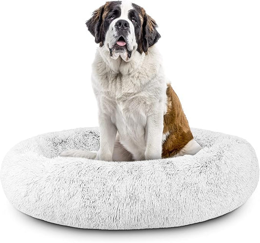 The Dog’s Bed Sound Sleep Donut Dog Bed, XXL Ice White Fur Calming Nest Bed Removable Cover