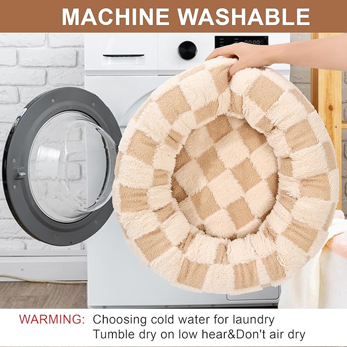 Dog Calming Beds for Small Medium Large Dogs - Round Donut Washable Puppy Dog Bed, Anti-Slip Faux Fur Fluffy Donut Cuddle Anxiety Cat Pet Bed (36" Grid)