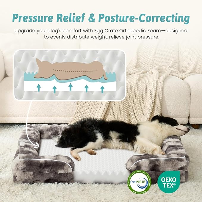 Faux Fur Orthopedic Dog Bed, Pet Couch for Medium Dog, Big Supportive Foam Bolster Sofa with Waterproof Lining Cover, Anti-Slip, Soft, Warm, Washable, C-Shaped, 30x20x6.5 inch, Tie-dye Grey