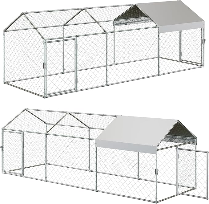 Metal Chicken Coop Run,Outdoor Walk-in Cage Peak Hen House with Waterproof and Anti-Uv Cover,Spire Roof Hen House with Security Lock for Outdoor,Backyard and Farm, 9.8 x 3.3 x 3.3 ft