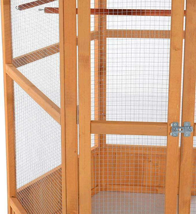 PawHut 69" Large Wooden Hexagonal Outdoor Aviary Flight Bird Cage with Covered Roof, Brown