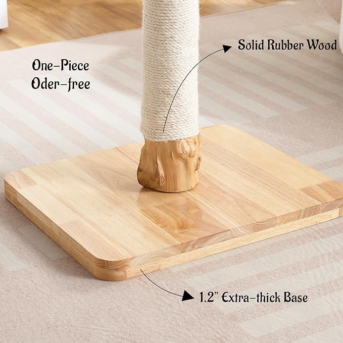 29" Tall Cat Scratching Post with Sisal Scratcher, Extra-Stable & Natural Solid Rubber Wood Base, Hanging Ball Toy for Indoor Cats Adults & Kittens, White