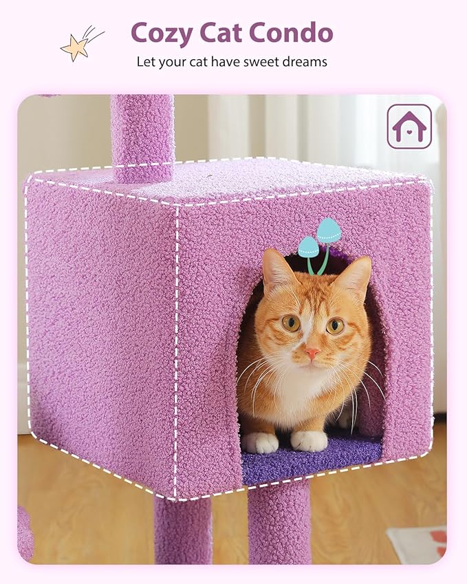 Cute Cat Tree - 35.4" Purple Cat Tower Cat Condo for Indoor Cats w/Removable Cloud Bed, Cozy Metal Frame Hammock, Sisal Scratching Post, and Replaceable Toy Ball, for Small-medium Cats, Purple