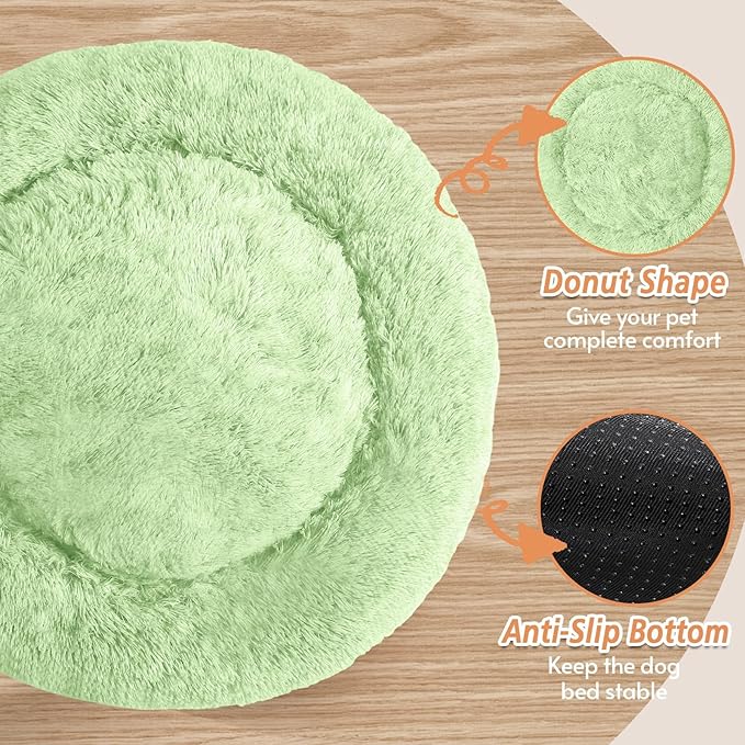 JOLLYVOGUE Calming Dog & Cat Bed for Large Dogs, Anti-Anxiety Donut Cuddler Cozy Soft Round Bed with Anti-Slip Bottom, Fluffy Faux Fur Plush Cushion Beds for Medium Dogs (36")
