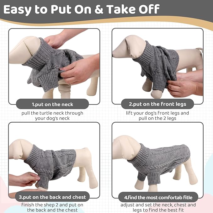 Queenmore Small Dog Pullover Sweater, Cold Weather Cable Knitwear, Classic Turtleneck Thick Warm Clothes for Chihuahua, Bulldog, Dachshund, Pug (Slate Grey, Large)