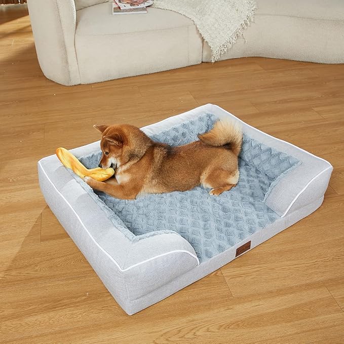 Orthopedic Dog Beds for Extra Large Sized Dogs, Waterproof Memory Foam XL Pet Bed with Sides 42x30Inch, Non-Slip and Egg-Crate Foam Big Dog Couch Bed with Removable Washable Cover, Light Grey