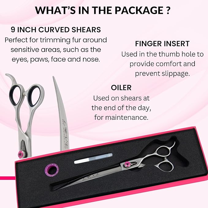 Kenchii Love Left Handed Dog Grooming Scissors, 9 Inch Curved Shears, Dog Scissors for Grooming, Professional Pet Grooming Scissors, Ergonomic & Comfortable