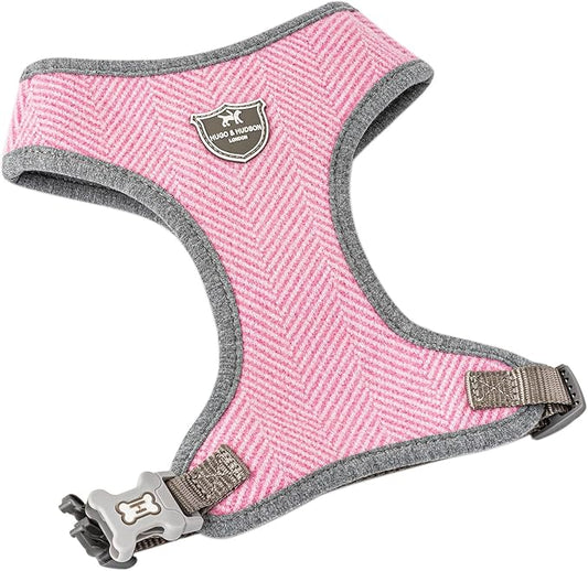 HUGO & HUDSON Dog Harness, No-Pull Anti Choke Tweed Harness Vest, Pink Herringbone, L