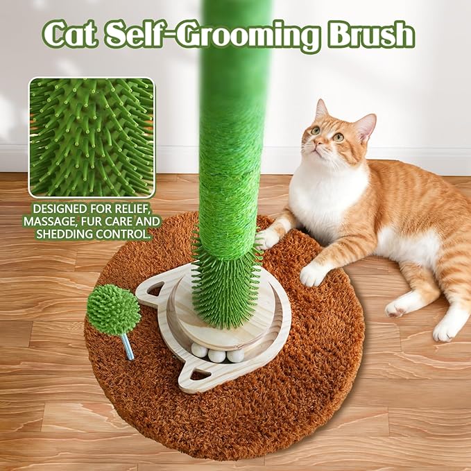 DIY Cactus Cat Scratching Post with Self-Grooming Brush and Ball Toy, 9+ Adjustable Installation Styles, Modular Sisal Cat Scratching Post for Indoor Cats and Kittens, Customizable Cat Furniture