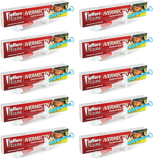 Jeffers Equine Ivermectin Gel Horse Dewormer Paste 1.87%, Broad Spectrum Equine Parasite Control Formula, Apple Flavored Oral Wormer for Horses, Easy Travel Use, Mess Free Syringe Tube - 10 Pack