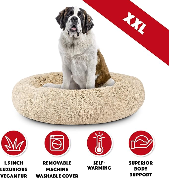 The Dog’s Bed Sound Sleep Donut Dog Bed, XXL Dog Beige Fur Calming Nest Bed Removable Cover