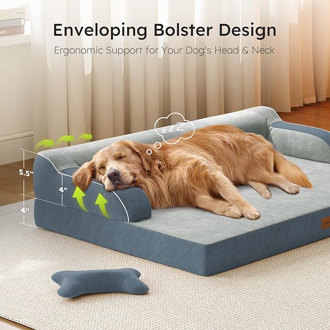 XXL Orthopedic Dog Bed, Big Dog Bed for Large Dogs, Dual-Sided Pet Cooling Beds with Memory Foam Washable Cover Nonslip Bottom, Waterproof Pet Couch with Bolsters, Dark Grey