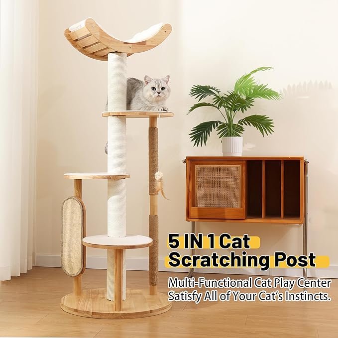 KVIDA Solid Wood Cat Tree 54.7" – Modern Floor Cat Tower for Large & Multiple Cats, Stable Rubber Wood Design with Hammock, Sisal Scratch Posts & Easy-Clean No-Carpet Platforms
