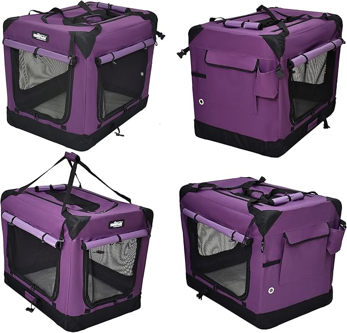 EliteField 4-Door Folding Soft Dog Crate with Curtains, Carrying Bag and Fleece Bed (2 Year Warranty), Indoor & Outdoor Pet Home (24" L x 18" W x 21" H, Purple+4 Door Curtains)