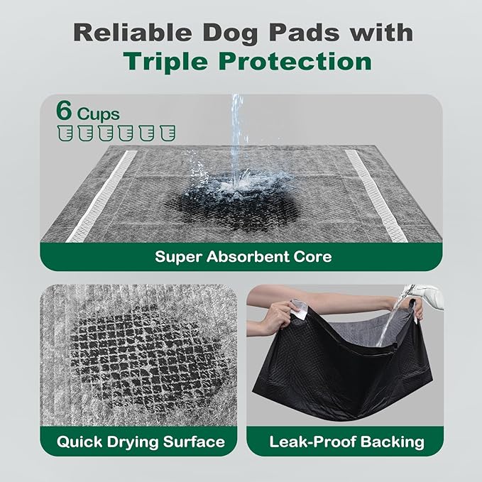 MIZOK Dog Pee Pads 28×30in Extra Large Charcoal, Puppy Pads with Adhesive Tabs, Ultra Odor-Control Absorbent Wee Wee Pads for Dogs Heavy Duty Leak-Proof Black, Disposable (30 Counts)