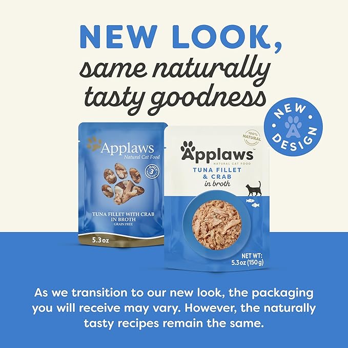 Applaws Natural Wet Cat Food in Broth, Limited and Natural Ingredients, High Protein with No Artificial Additives, Tuna Fillet & Crab in Broth (12 x 5.3oz Pouches)