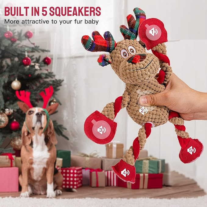 Christmas Squeaky Dog Toys Tug of War Dog Plush Toy for Large Breed Interactive Dog Chew Toys for Puppies Small and Large Dogs Training and Reduce Boredom