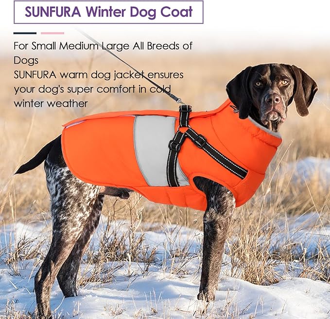 SUNFURA Dog Winter Coat, Waterproof Dog Coat Jacket with Harness for Medium Dogs Boys Girls, Reflective Fleece Lined Pet Snow Jacket Sweaters for Pug, Jack Russel, Boston Terrier, Orange M