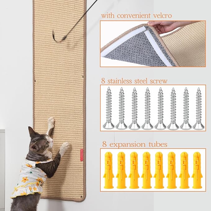 66.93x13.38x0.32 inch Thickened Cat Wall Scratcher Carpet, Cat Climbing Wall, Durable Cat Wall Furniture, Tall Cat Scratching Post, Wall Scratchers for Indoor Cats Sofa Protector (Brown-Velcro Strap)
