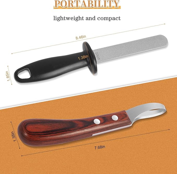 Hoof Knife with Sharpener,Farrier Tool Kit,Double Edged Hoof Trimming Knife with Wooden Handle, High-Carbon Steel Blade Hoof Knife for Horses
