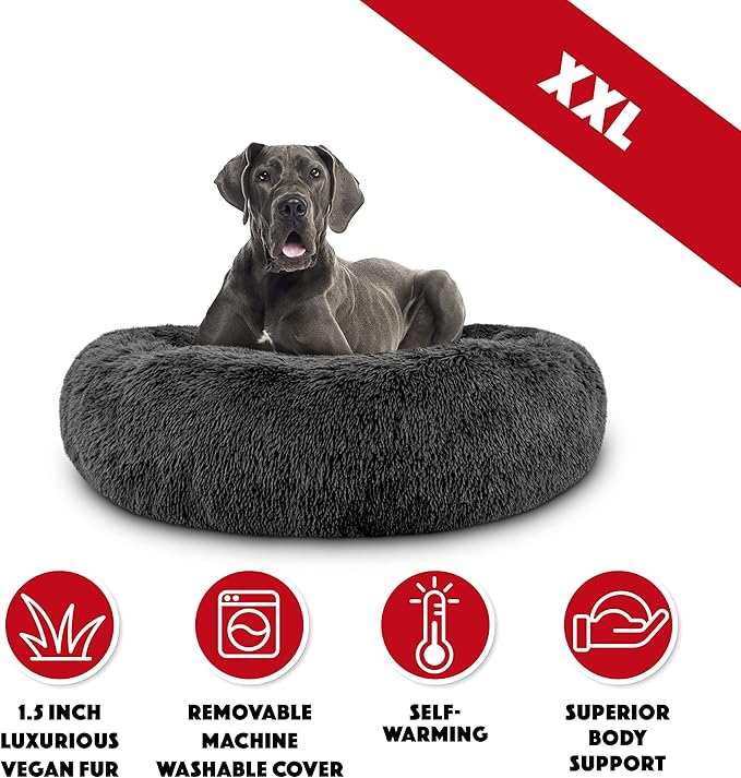 The Dog’s Bed Sound Sleep Donut Dog Bed, XXL Grey Fur Calming Nest Bed Removable Cover