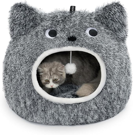 CATISM Cat Bed for Indoor Cats - Cat Bed Cave Washable, Soft Plush, Removable Pillow, Non-Slip Base, Large Cave for Kitty