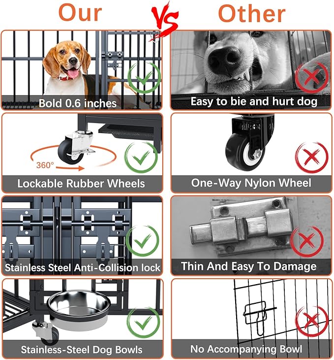 Dosker 42 inch Heavy Duty Metal Dog Crate Cage with Divider for 2 Dogs/Large Dog,All Metal Open Top Escape Proof Cage,Dog Kennel Indoor with Wheels,Floor Grid,Tray,Feeding Bowl