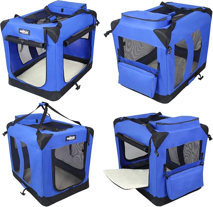 EliteField 3-Door Folding Soft Dog Crate with Carrying Bag and Fleece Bed (2 Year Warranty), Indoor & Outdoor Pet Home (36" L x 24" W x 28" H, Royal Blue)