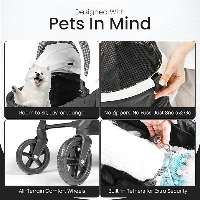 3-in-1 Foldable Pet Stroller for Dogs and Cats up to 33lbs Capacity – Premium Dog Stroller with Removable Carrier Storage Basket, All-Terrain Wheels, Sun Shades and Car Seat