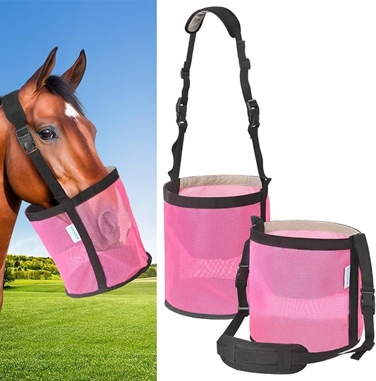 Horse Feed Bag Pack of 2, Feed Bags for Horses with Ventilation Mesh, Comfort Nose Pad Neck Pad, Adjustable Strap, Spill Proof Design for Independent Feeding Grain, Supplements (Pink)