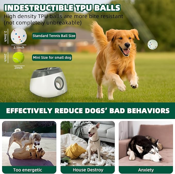 Elevon Dog Ball Thrower Launcher, Automatic Ball Launcher for Large Dogs, Interactive Dog Toy with Three Ranges, Includes 3 ETPU Balls and a Data Line, Suitable for Large Dogs, Gray/White