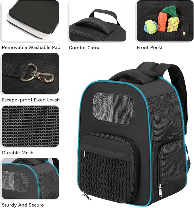 Pet Backpack Carrier for Small Cats Dogs Puppy Kitten Up to 15lbs, Stylish Lightweight Breathable Mesh with Pocket, Airline Approved Travel Foldable Pet Bag (Black, 13inch x 8.3inch x 15.8inch(LxWxH))