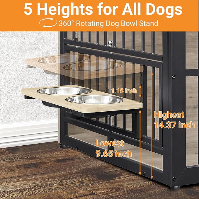 Dog Crate Furniture, 48 Inch Dog Kennel Furniture, Wooden ?�ƒog Crate Furniture Large Breed with Rotating ?˜‹og Bowls, Heavy Duty ?——og Cage Furniture Indoor,Decorative Dogs Crates End Table,Gray