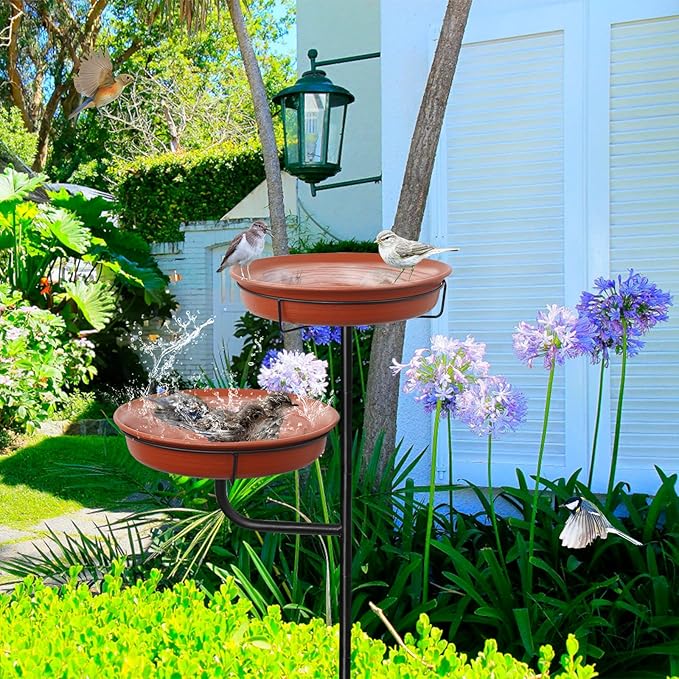 Freestanding Birdbaths Bowl Outdoor, Standing Garden Bird Bath Bird Feeder & Bird Bath Bowl, Detachable Decoration Spa Birdfeeder for Garden Patio Yard Lawn, 4 Spiky Metal Stake (Brown)
