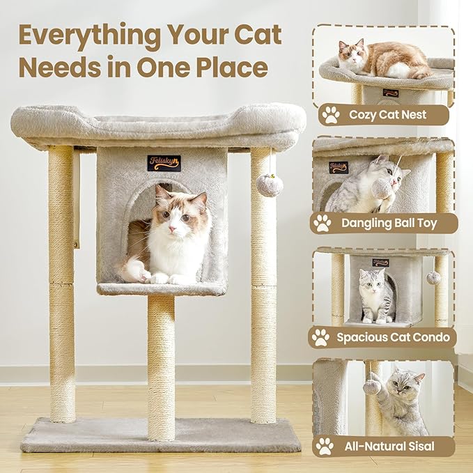 Small Cat Tree Tower for Indoor Large Cats, Cat Scratching Post with Big Perch Bed, 28in Tall Trees House with Condo Cave, Toy Balls, Modern Climbing Furniture Big Platform for Kitten (Light Gray)